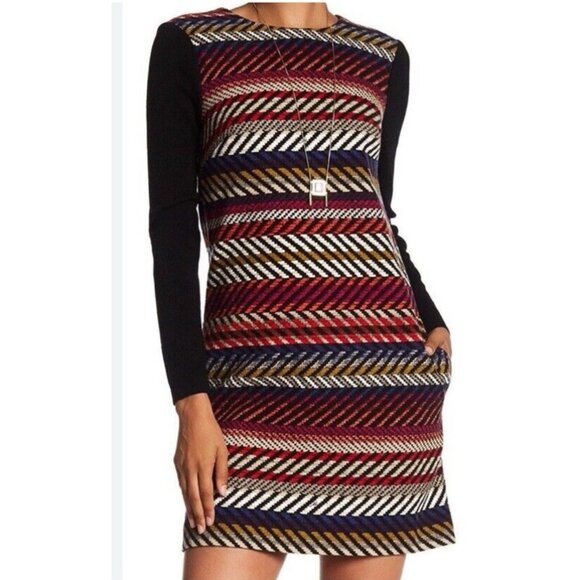 Trina Turk Dress 14 Long Sleeve Knit Colorful Wool Blend Pockets - Picture 1 of 15